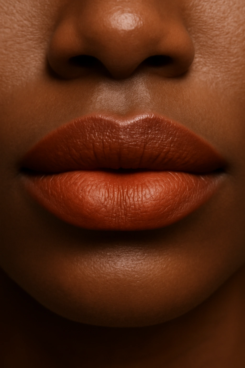 Close-up of lips in rusty orange lipstick