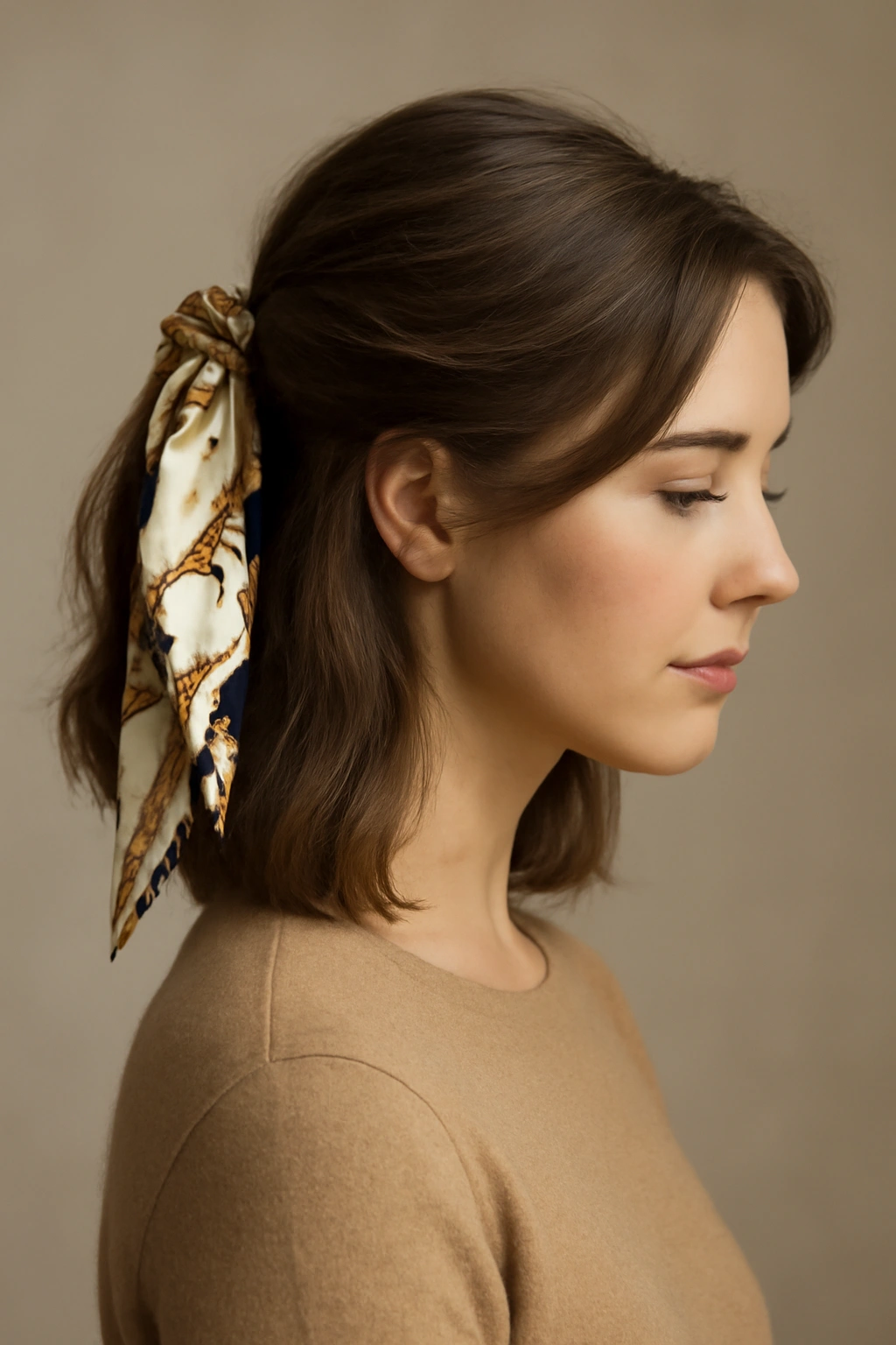 Studio shot of a half-up hairstyle with a silk scarf tied around the base of the ponytail