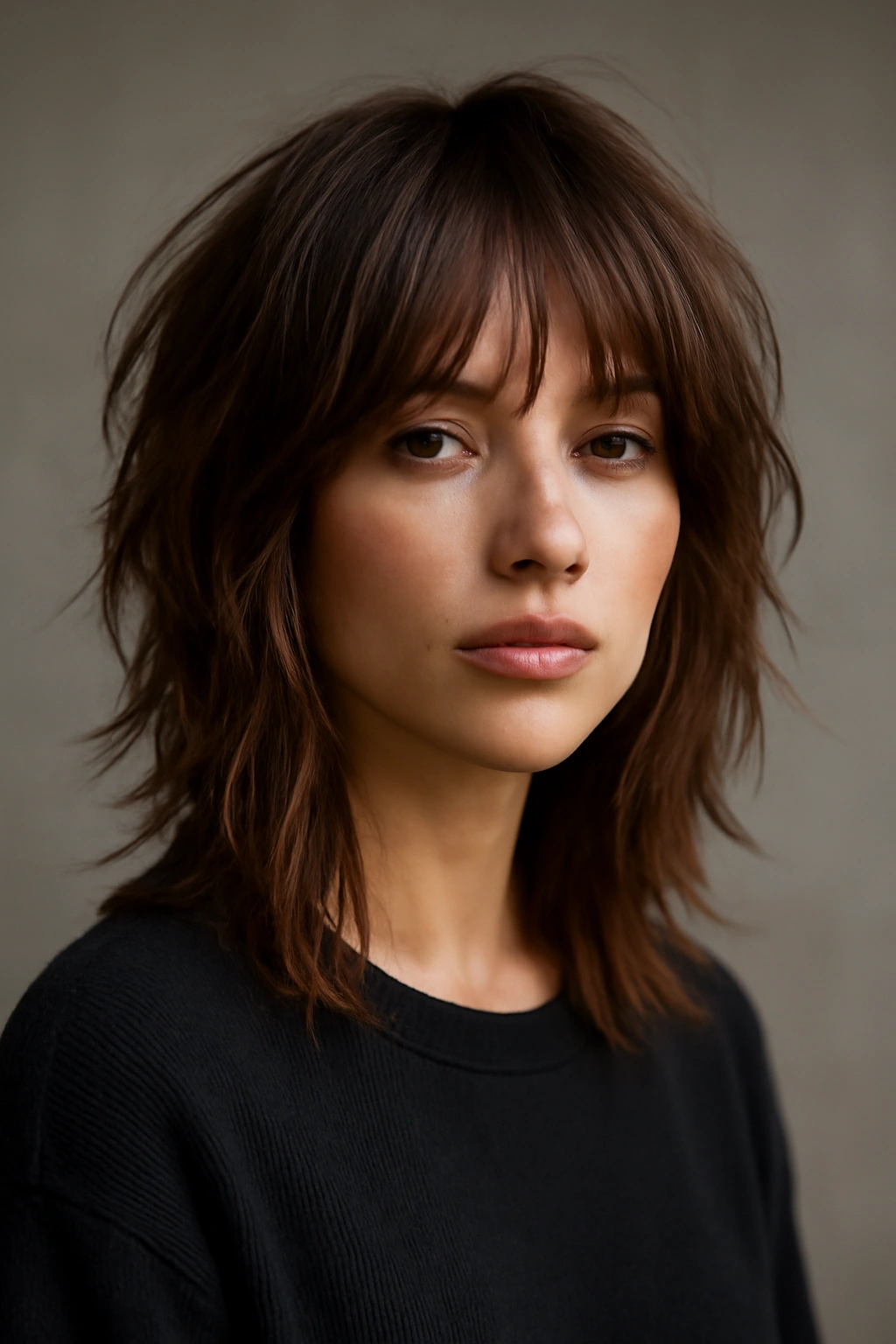Shoulder-length shag cut with choppy texture and bangs