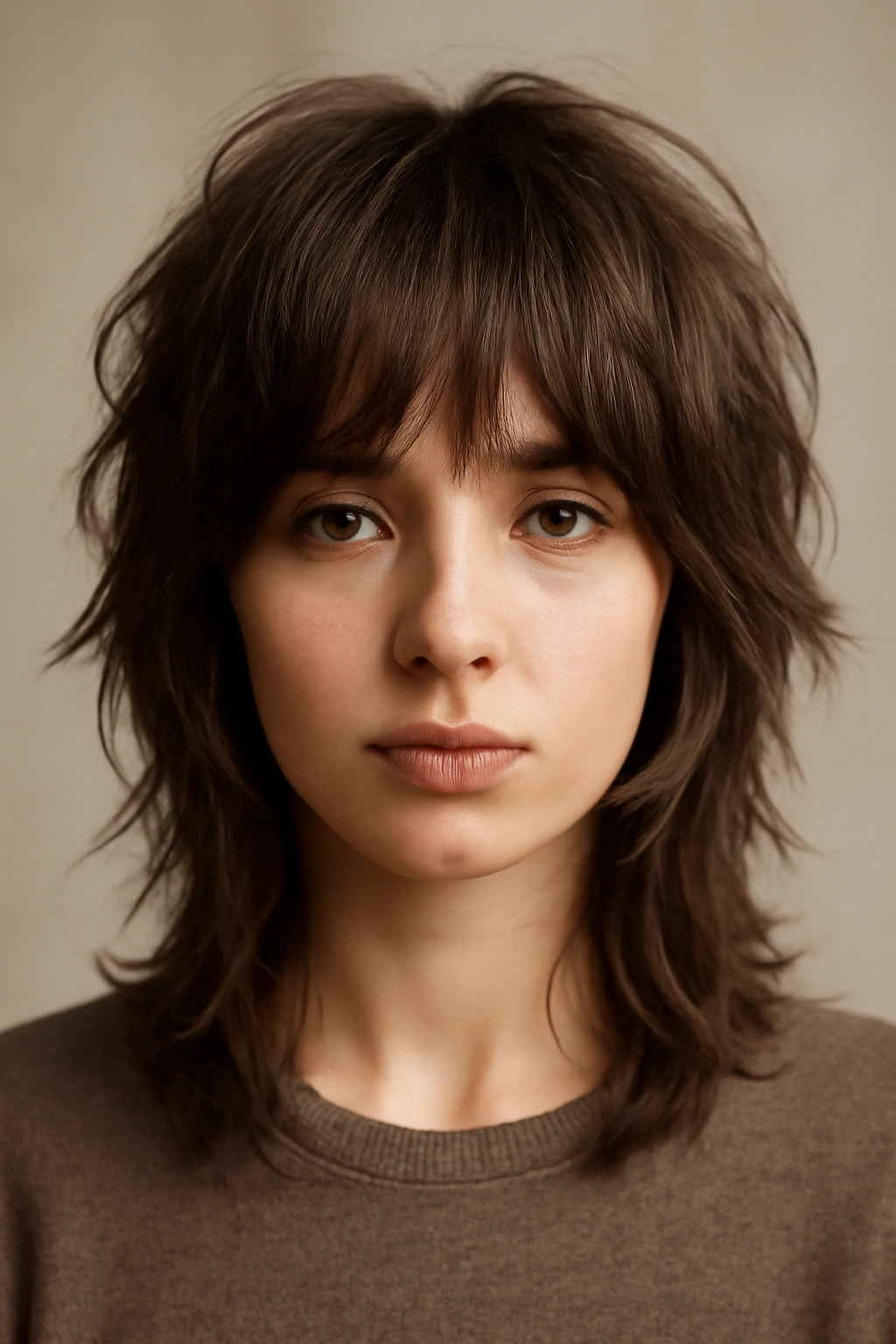 Close-up of a person with a layered shag haircut and curtain bangs.