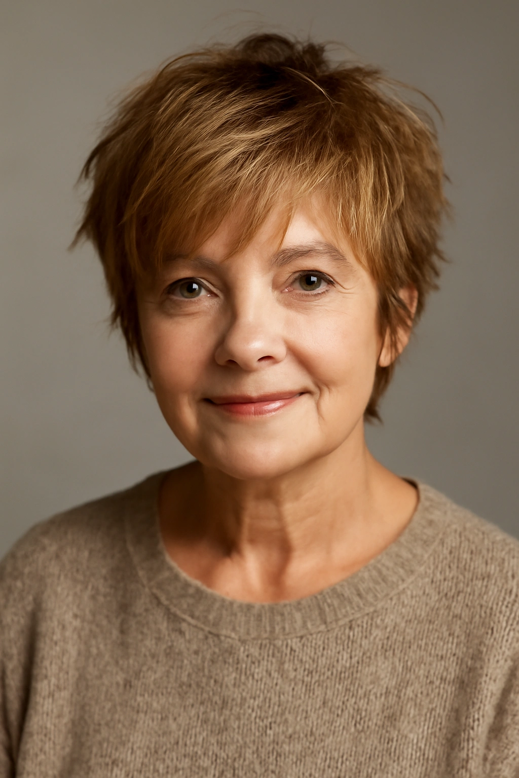 Shaggy pixie with tousled layers in studio light