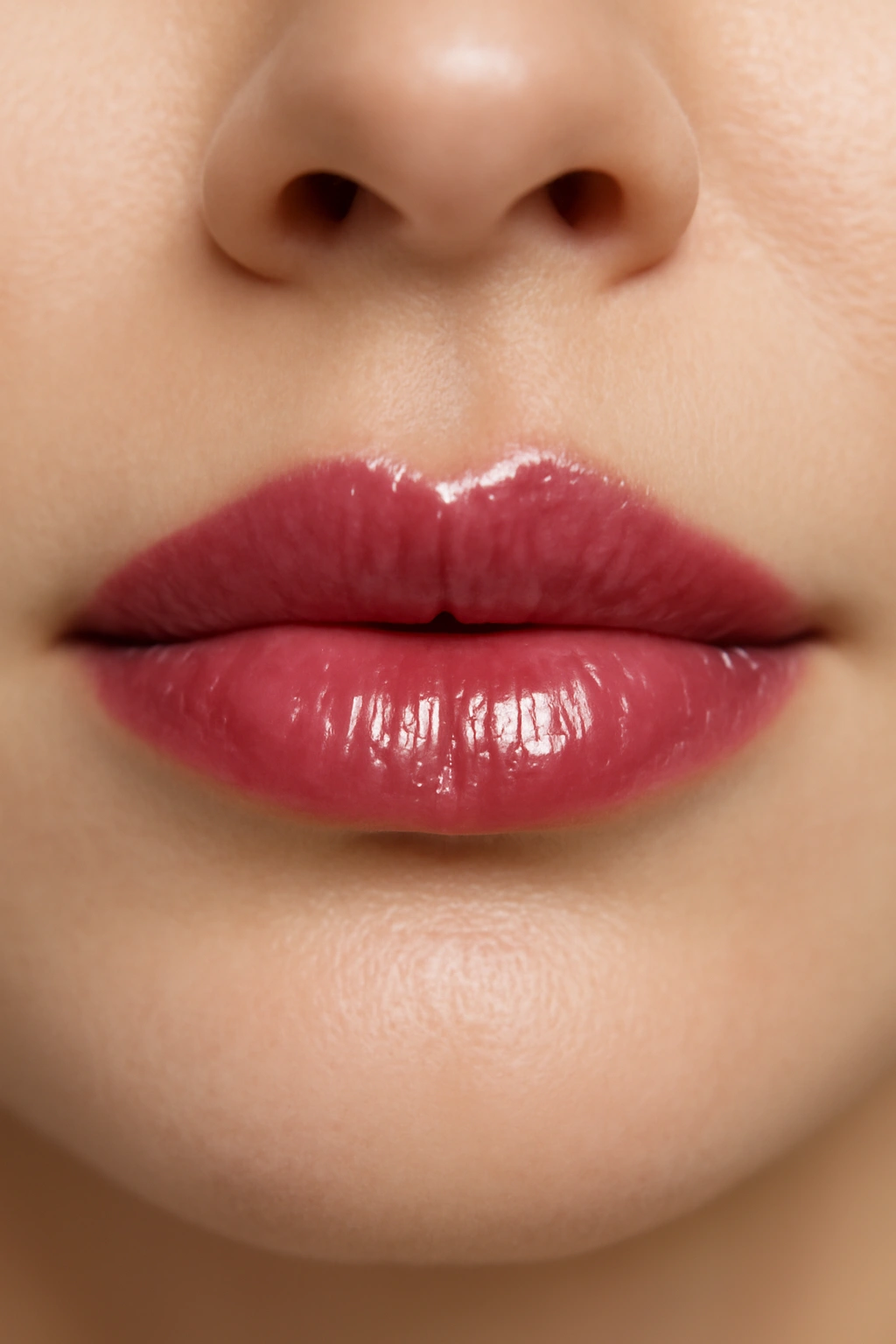 Close-up lips with sheer berry gloss, high shine and natural tint.