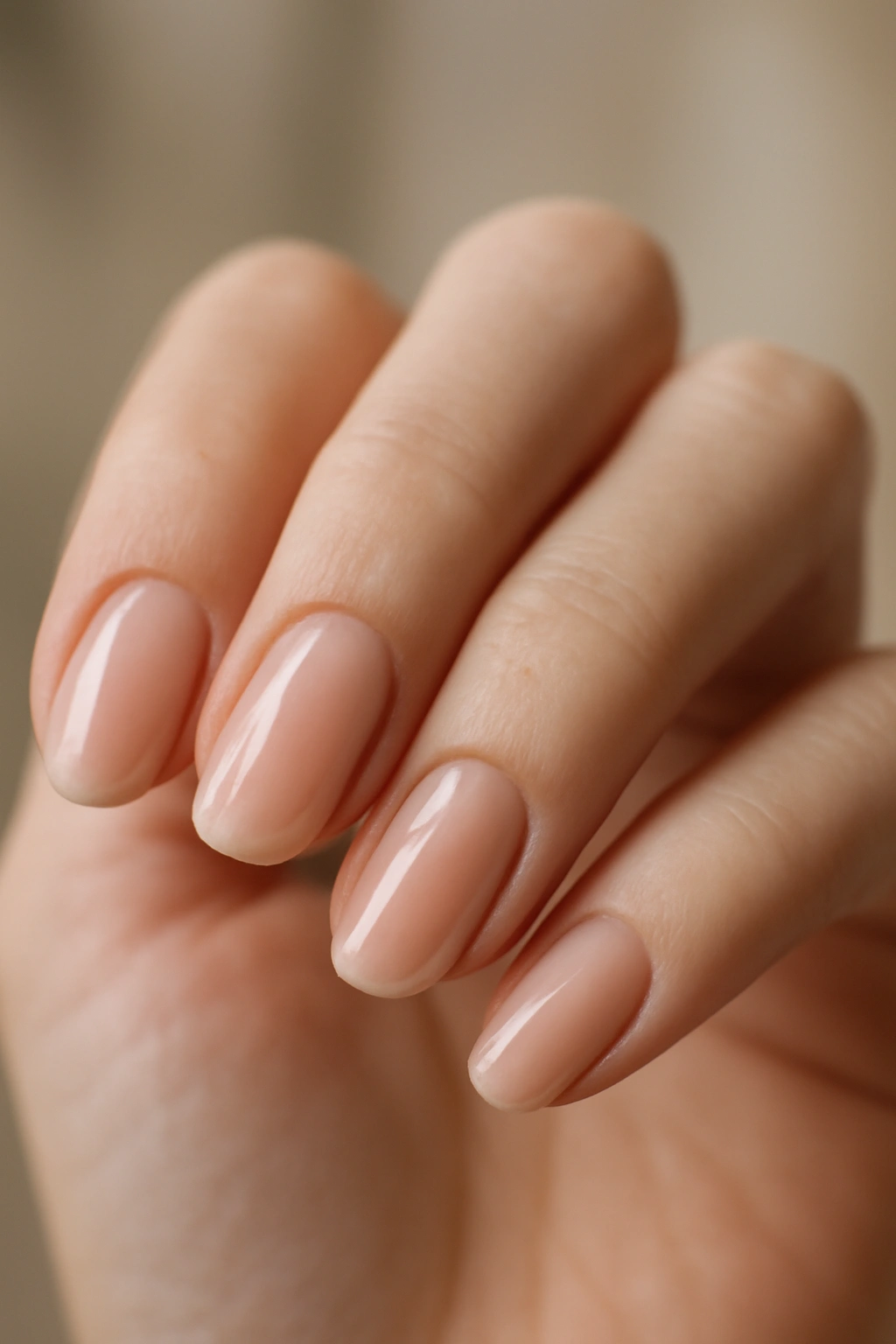 Close-up of nails with sheer nude polish and natural shine