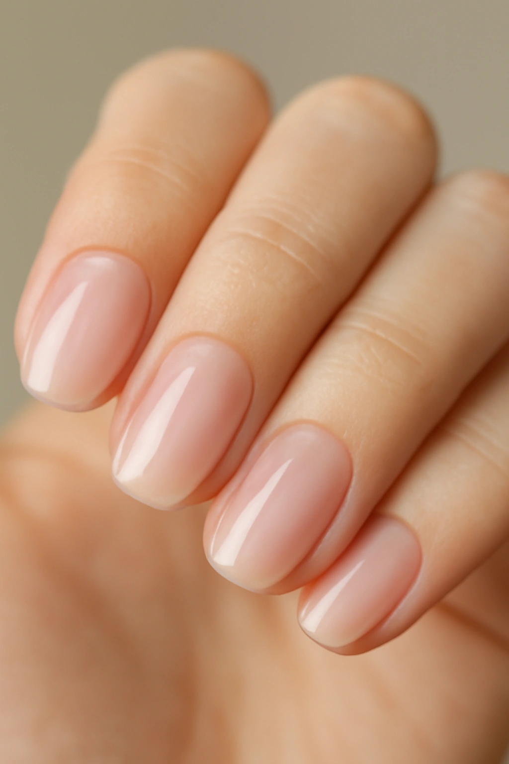 Close-up of sheer pink nails with minimal regrowth line near cuticle