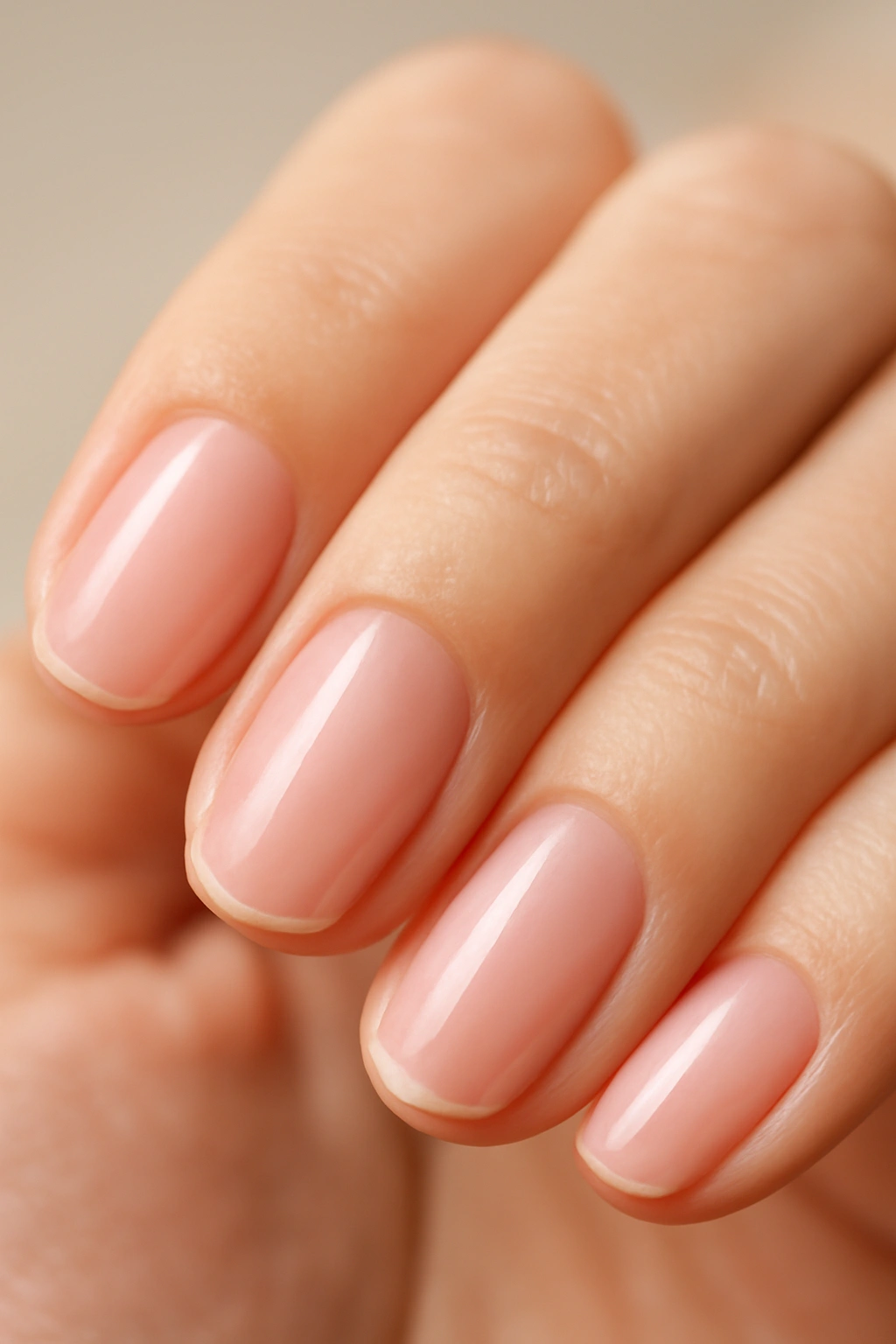 Close-up of sheer pink nails showing natural nail through translucence
