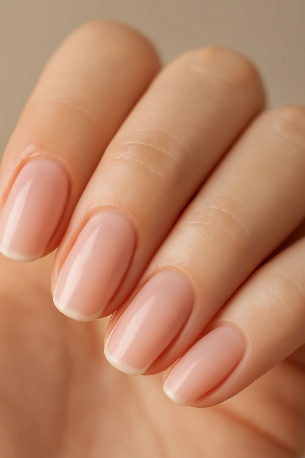 Close-up of nails with sheer pink nude polish for natural look