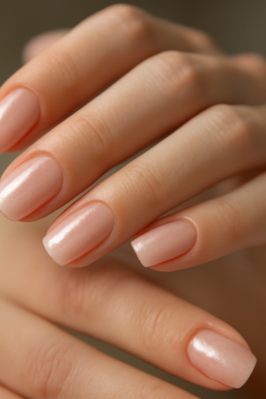 Close-up of sheer pink nails with subtle shimmer