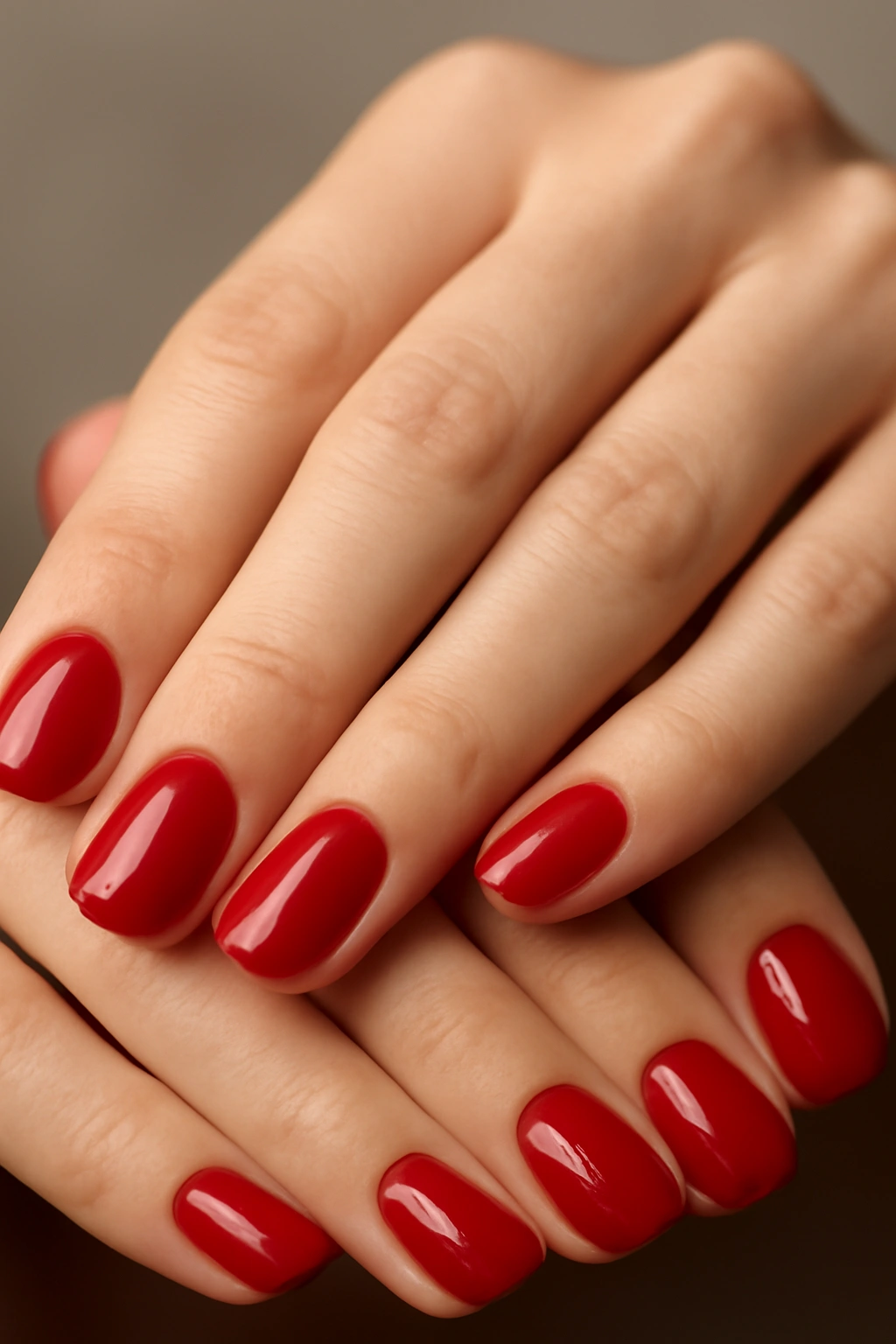 Close-up of shellac nails in classic red with high gloss shine