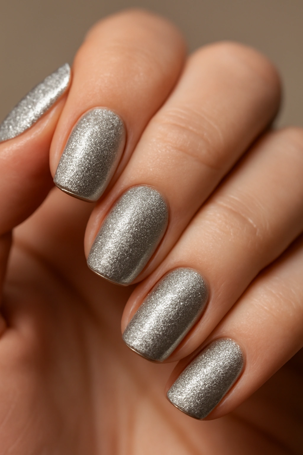 Close-up of shimmering silver nails with glitter on a hand