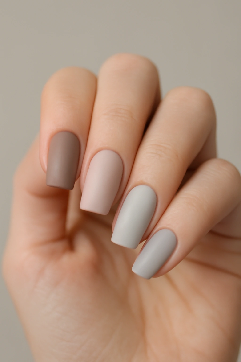 Close-up of short coffin nails in neutral beige, mauve, and pale gray tones on a hand