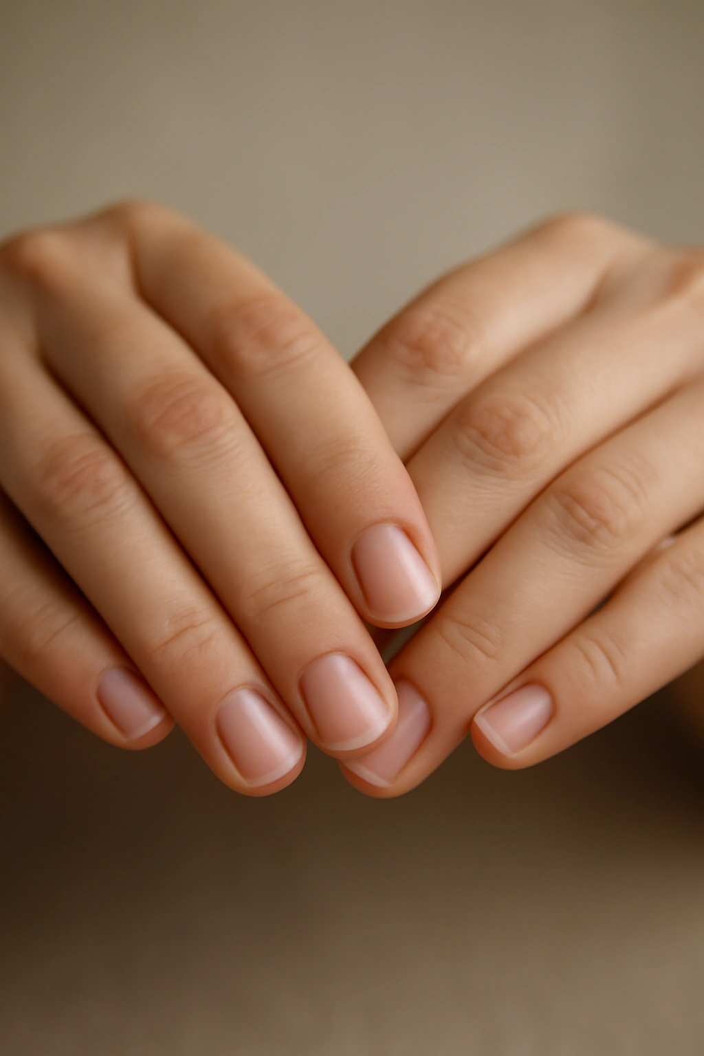 Close-up of hands with short, neatly trimmed nails on a neutral background