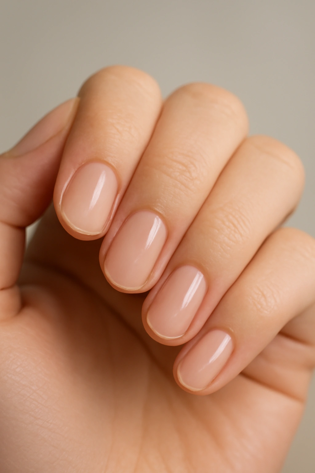 Close-up of short oval nails with soft rounded tips.