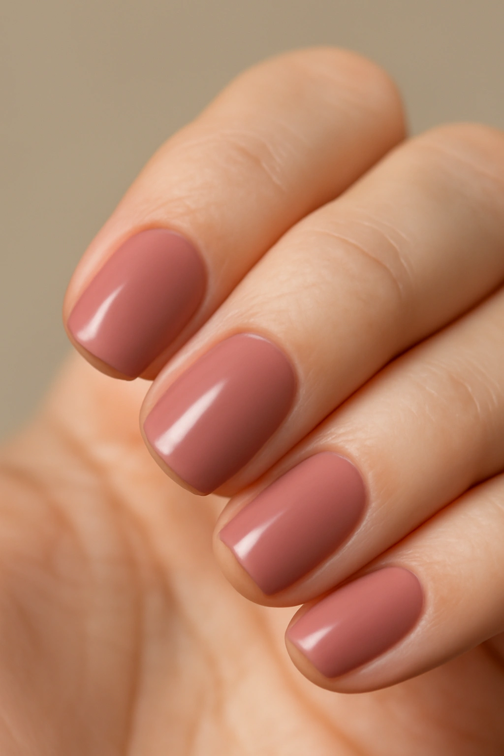 Close-up of short squoval nails in muted rose with natural nails