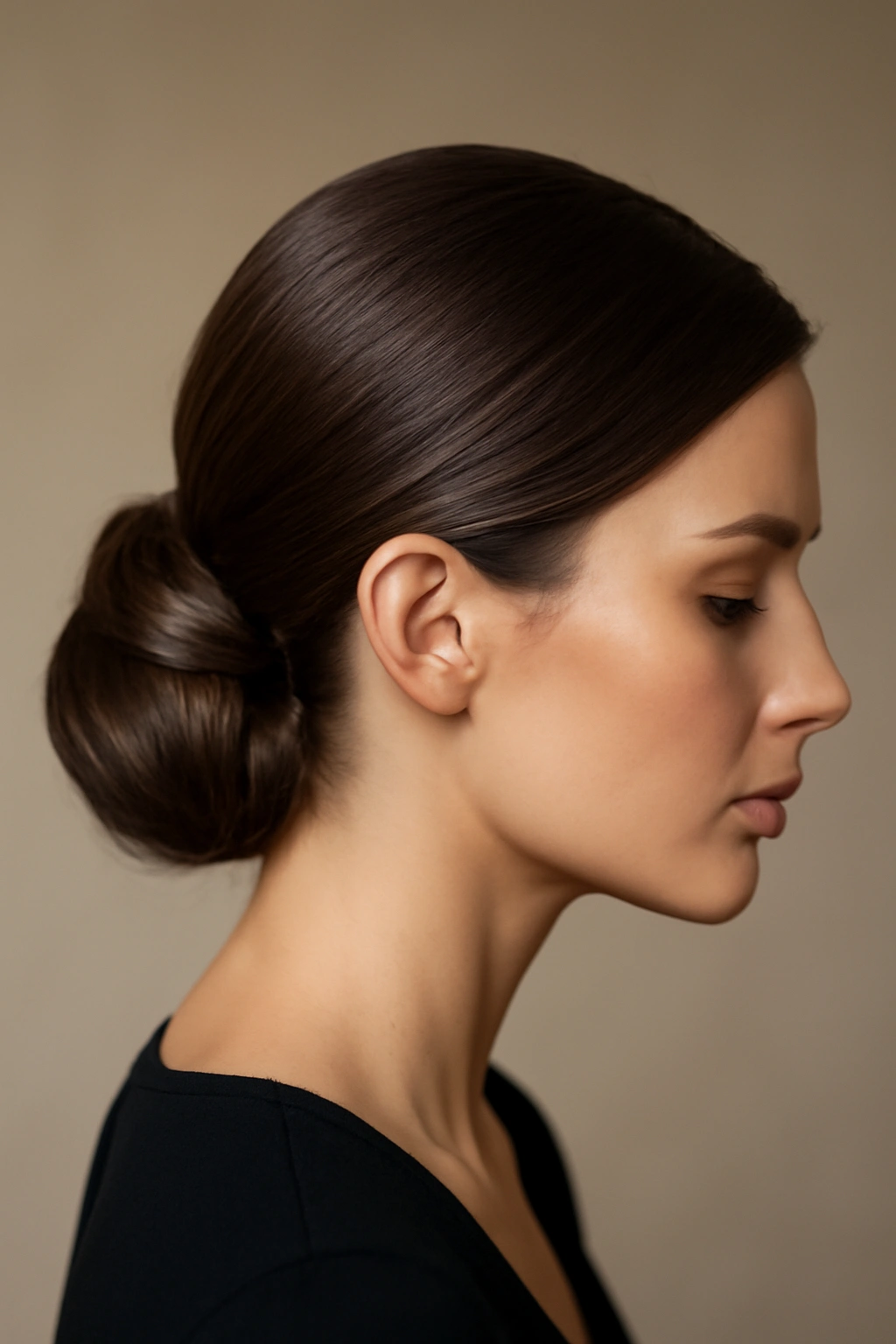 Sleek low side bun with glossy finish and side profile