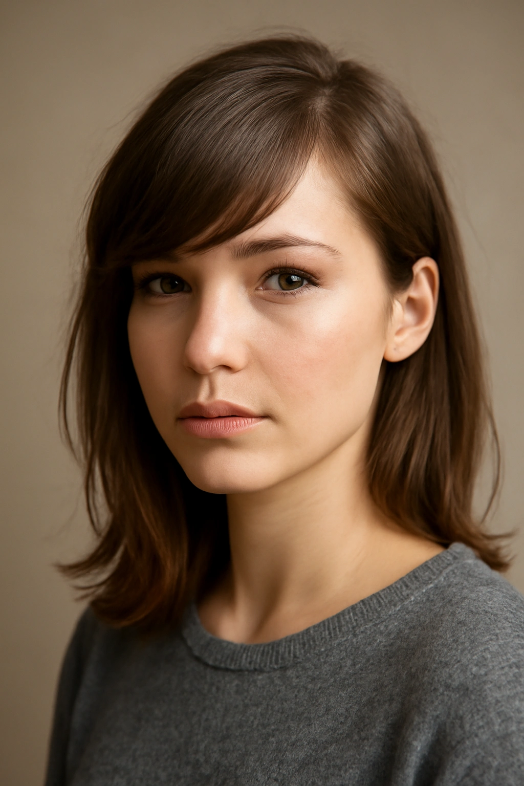 Portrait of a person with diagonal side-swept bangs framing the forehead