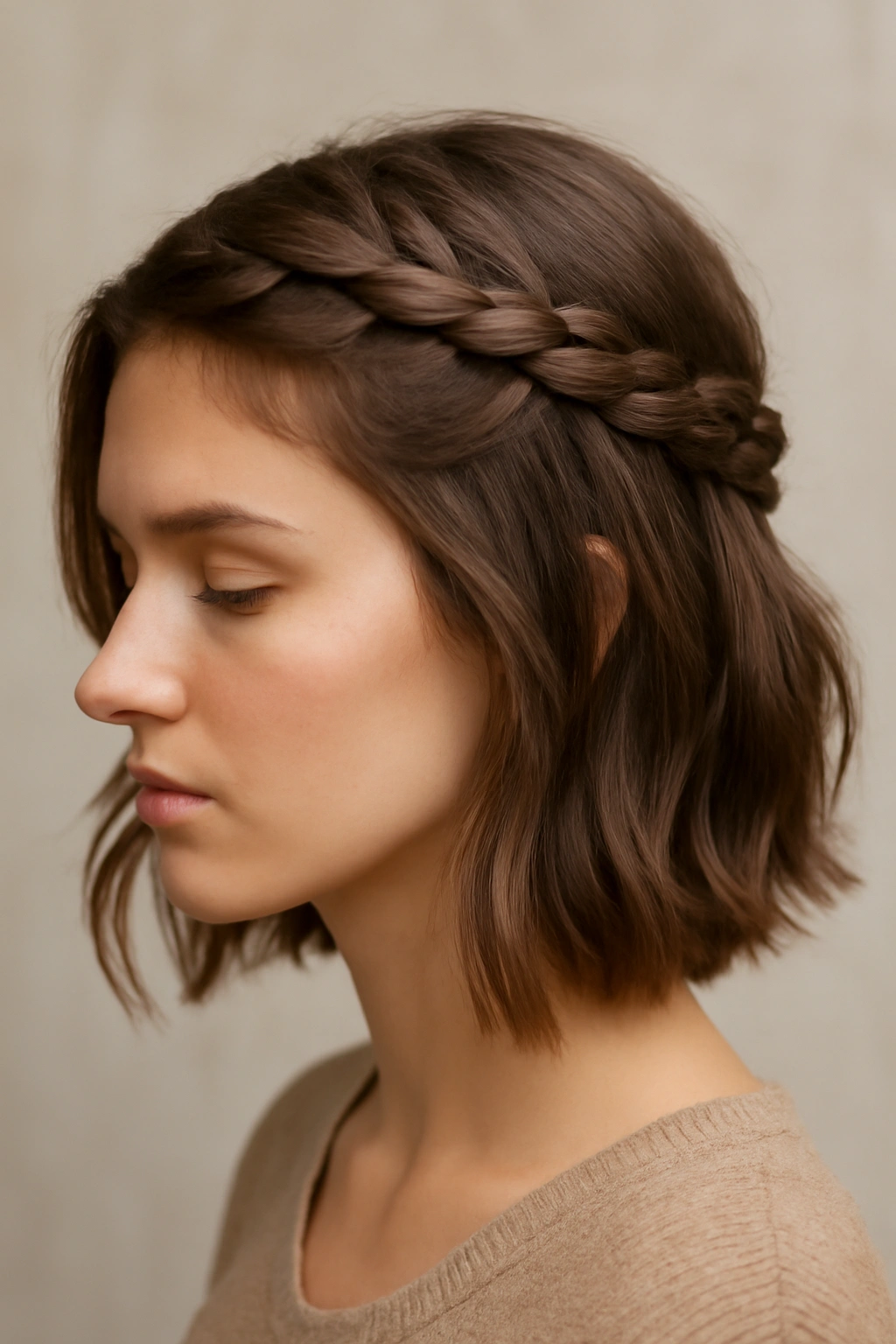 Side view of a crown braid sweeping across the crown into a half-up style