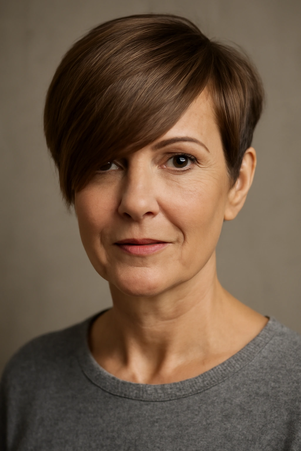 Side-swept pixie with deep fringe across forehead