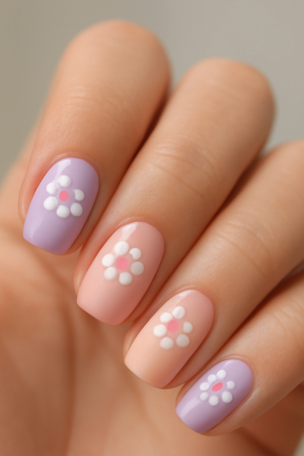 Close-up of nails with tiny dot flowers on pastel polish