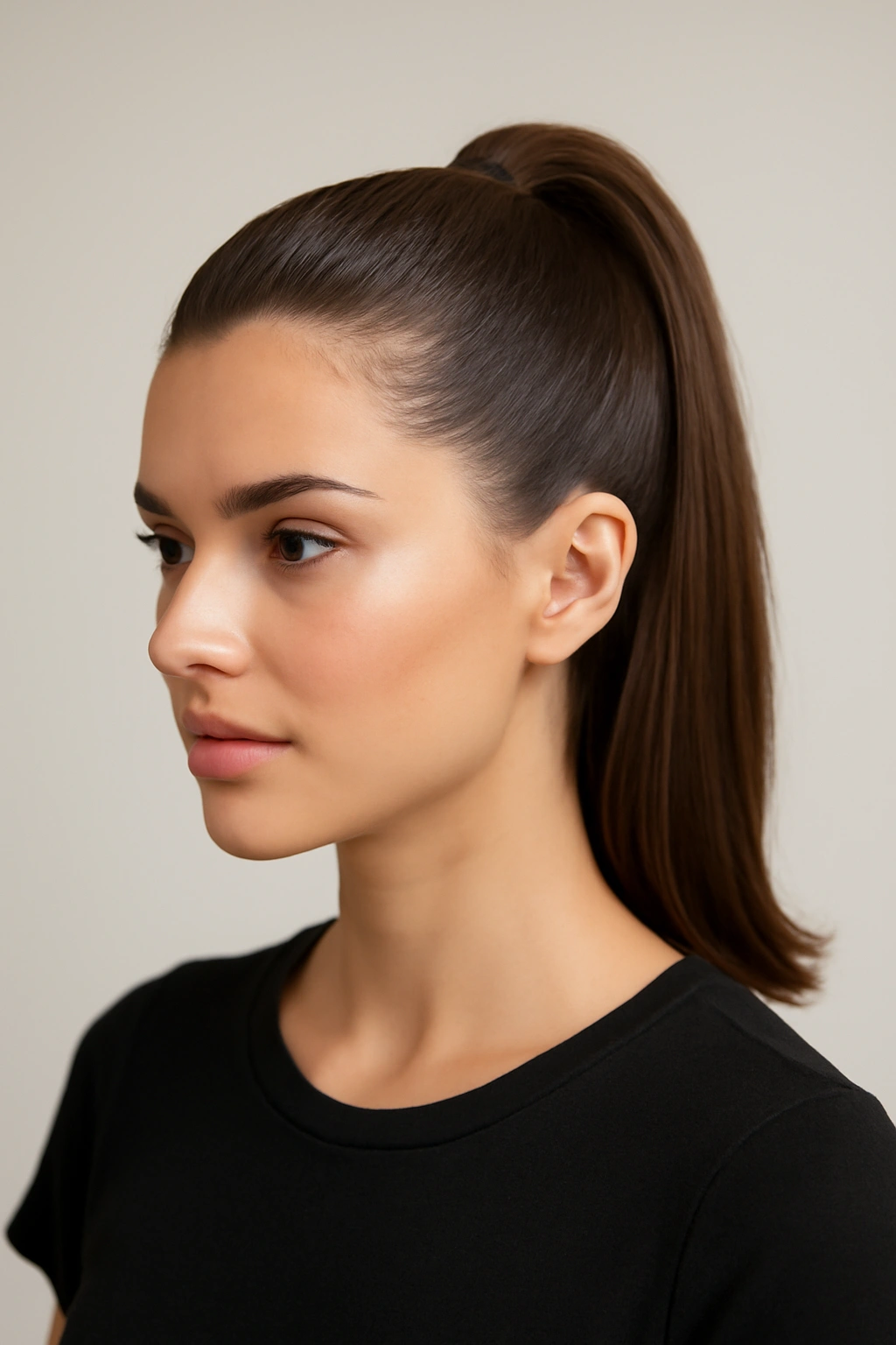 Close-up of short hair in a sleek high half-up ponytail with glossy finish.