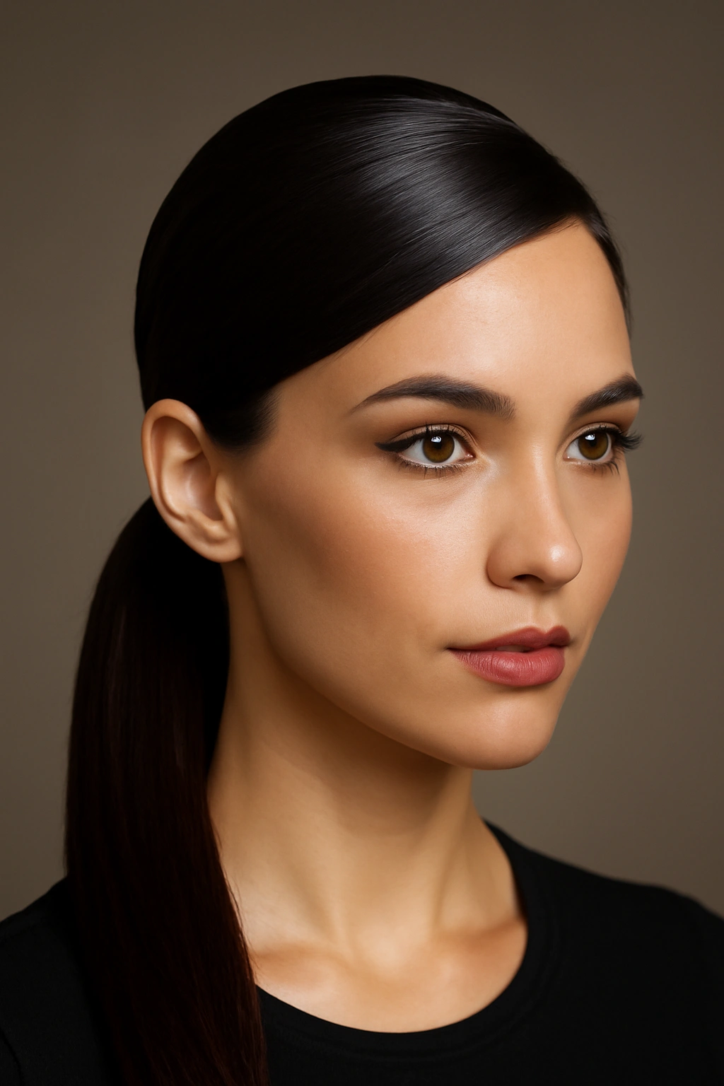 Sleek ponytail with a deep side part.