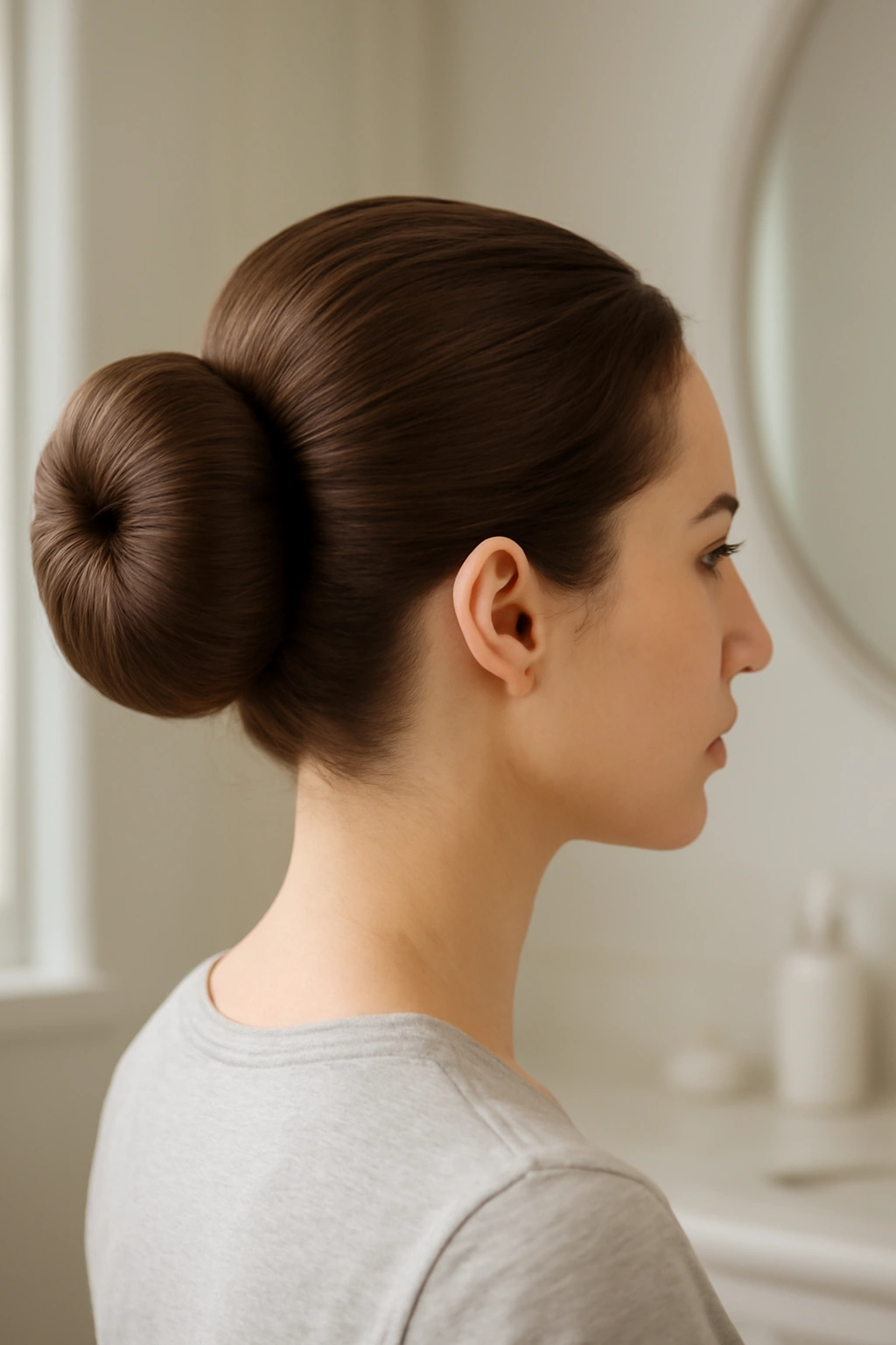 Perfectly round and voluminous sock bun hairstyle with a polished finish.