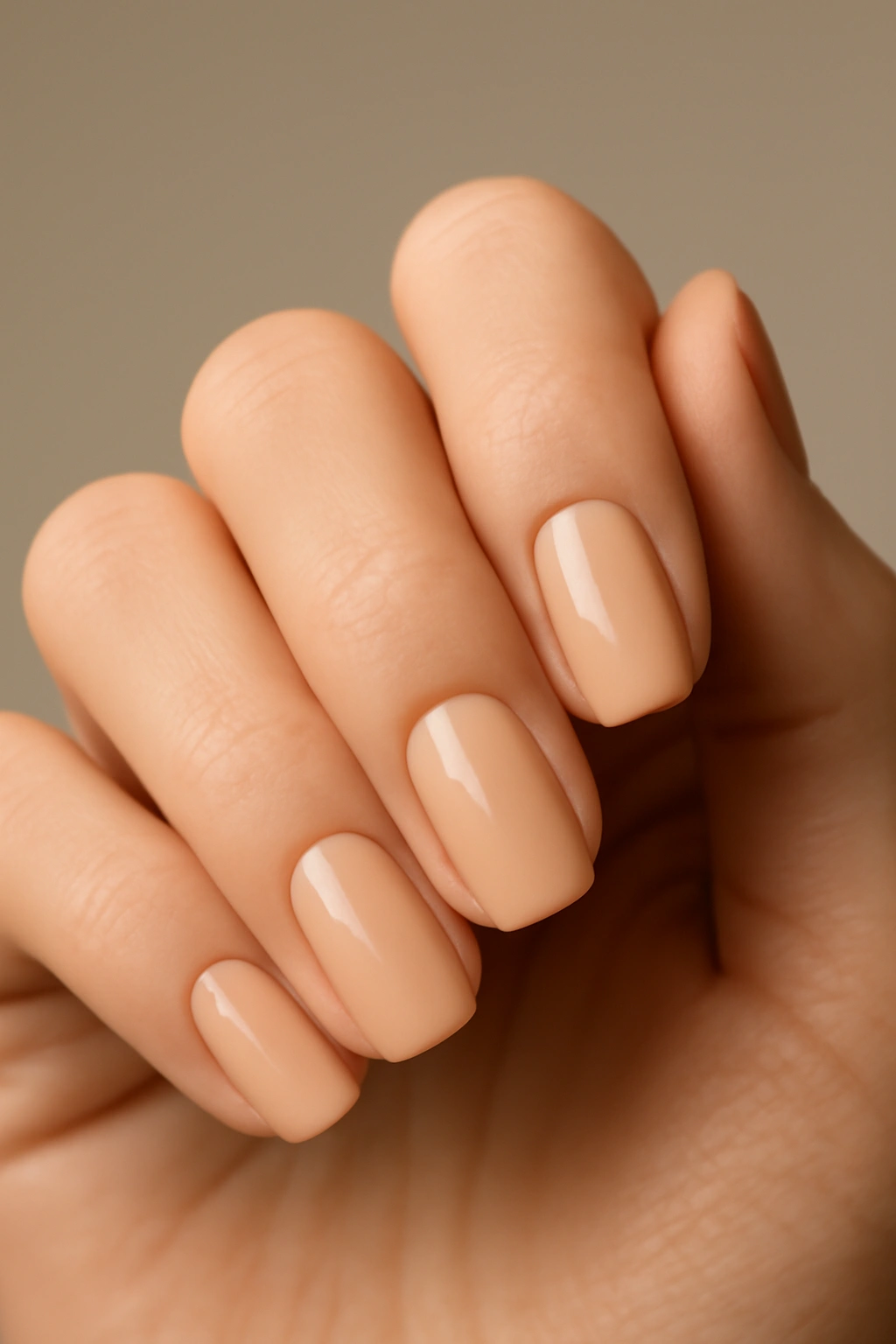 Close-up of soft apricot nude nails on a hand with warm undertones