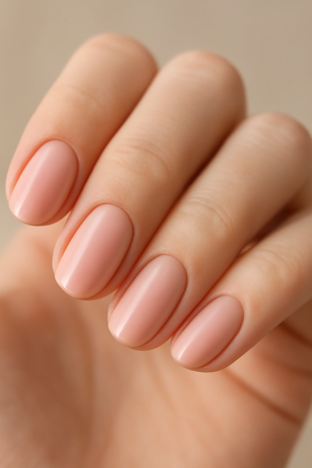 Close-up of soft blush pink nails on a hand with a neutral background