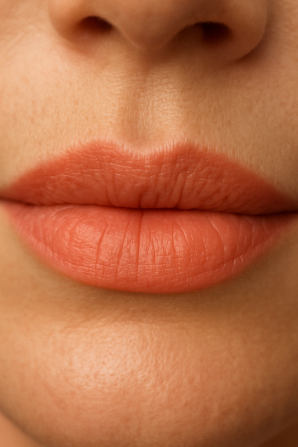 Close-up of lips in soft coral lipstick