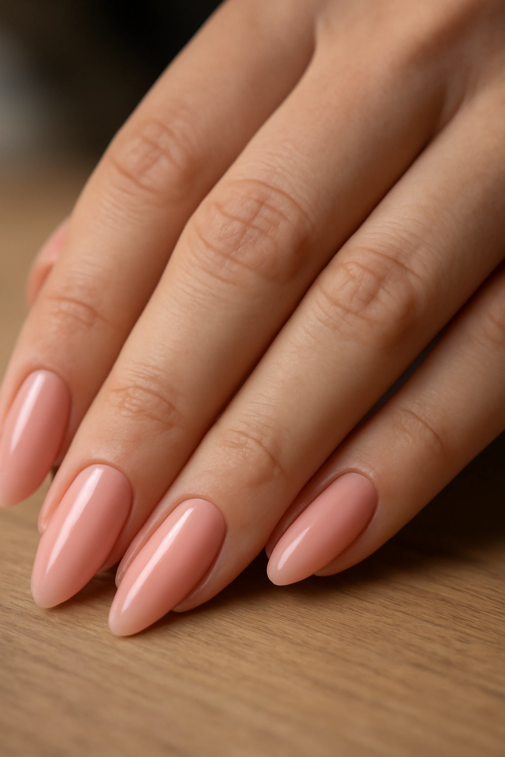 Almond nails in soft peach-pink shade close-up