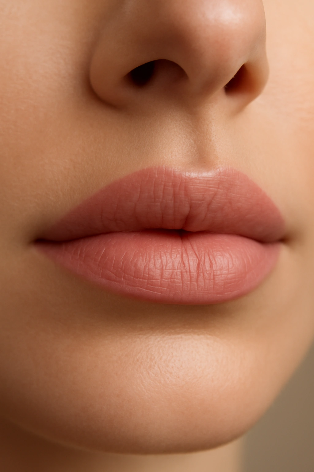 Close-up of lips in soft pink nude lipstick with natural flush.