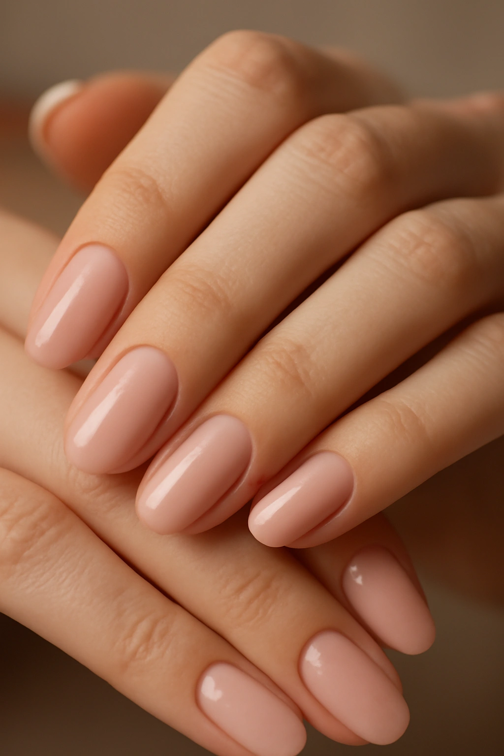 Close-up of soft pink nude press-on nails with a glossy finish