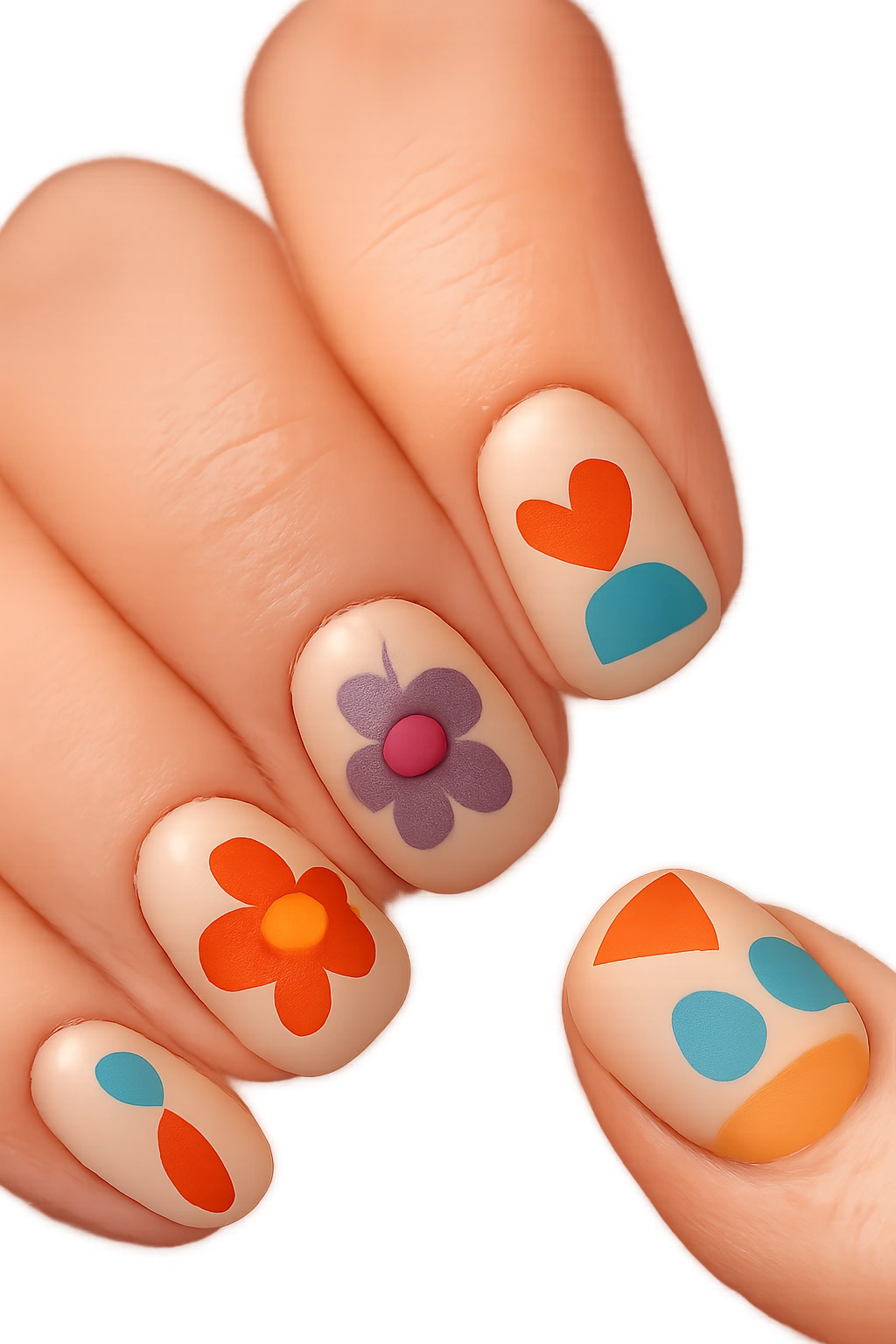 Nails with sticker-based designs featuring shapes and decals
