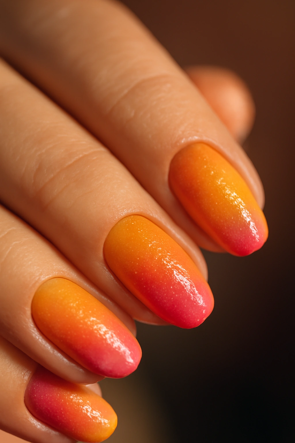 Sunset gradient nails with warm orange pink yellow shimmer