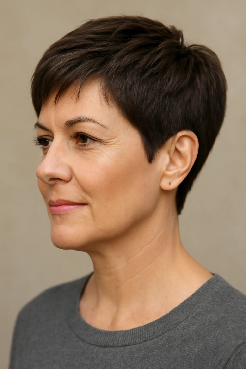 Portrait of tapered pixie haircut showing neat nape taper and longer top.
