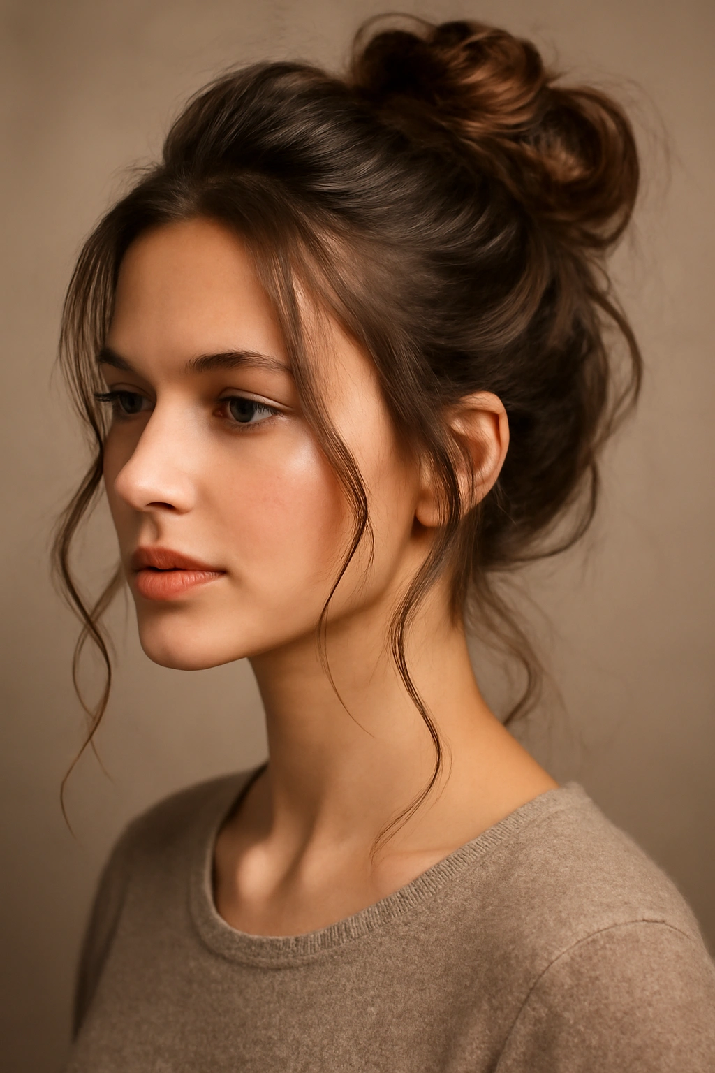 Messy bun with wisps framing the face around temples and jawline