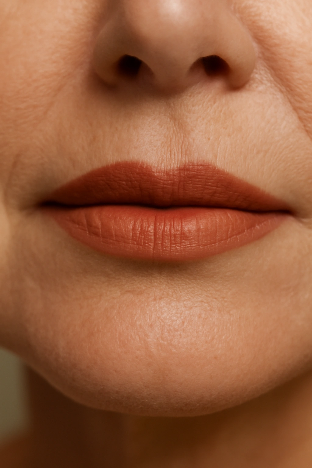 Close-up of lips with terracotta lipstick in a warm orange-brown shade