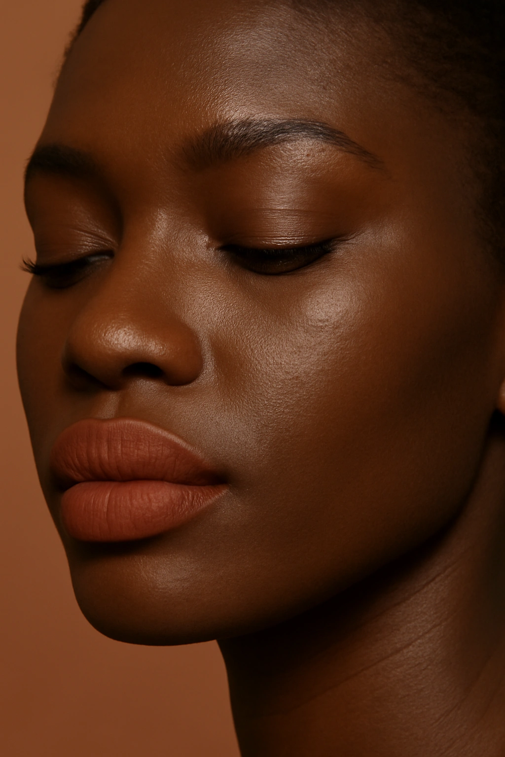 Close up of terracotta matte lipstick on a dark-skinned model with earthy tones