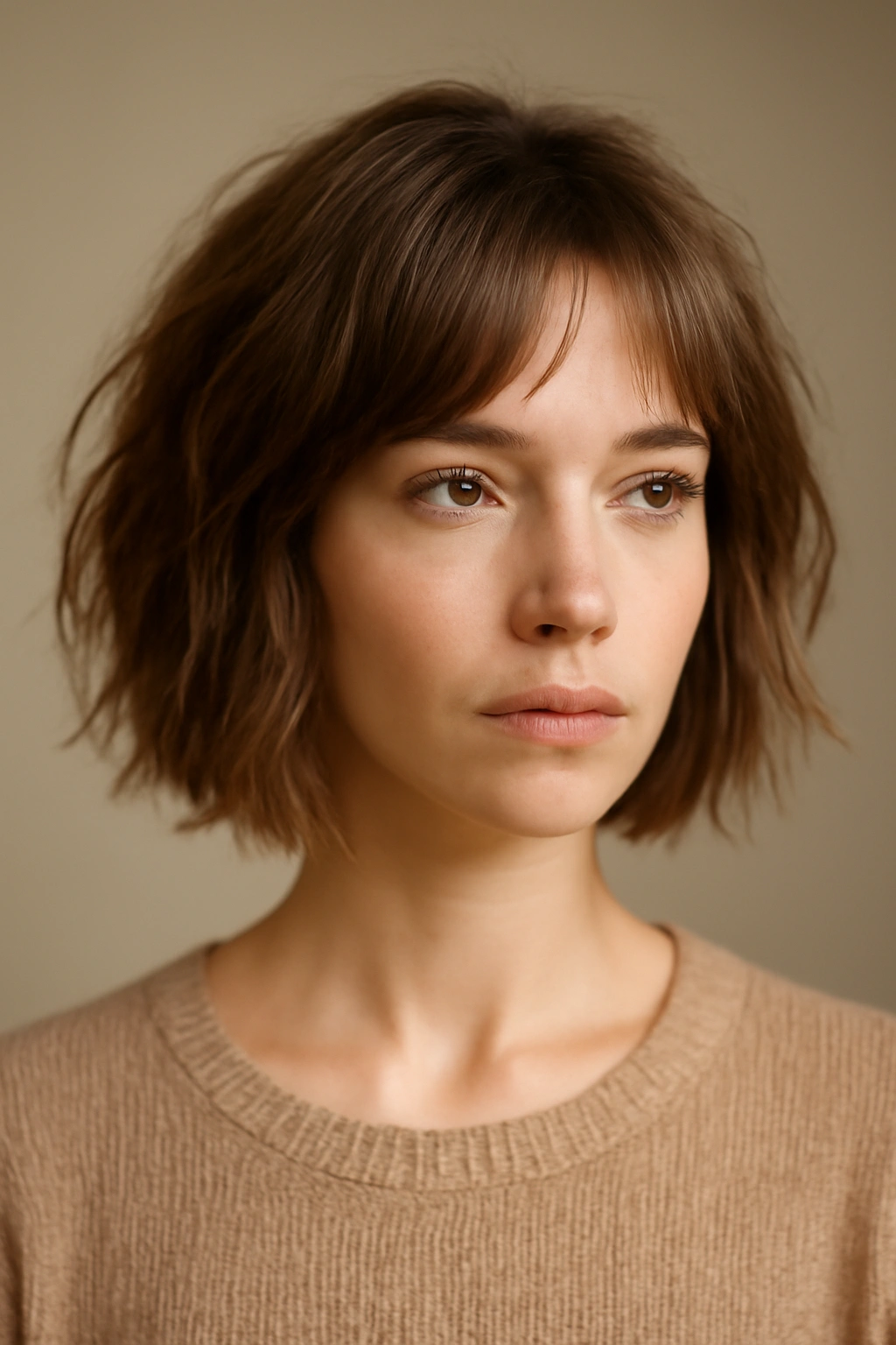 Textured bob with chopped ends and internal layers