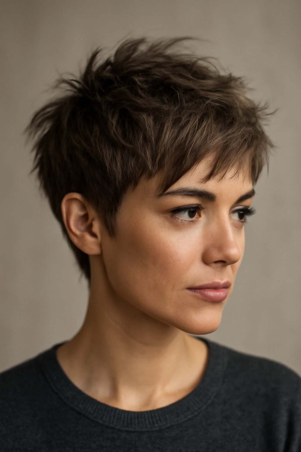 Close-up of a textured crop hairstyle with choppy layers and windswept styling.