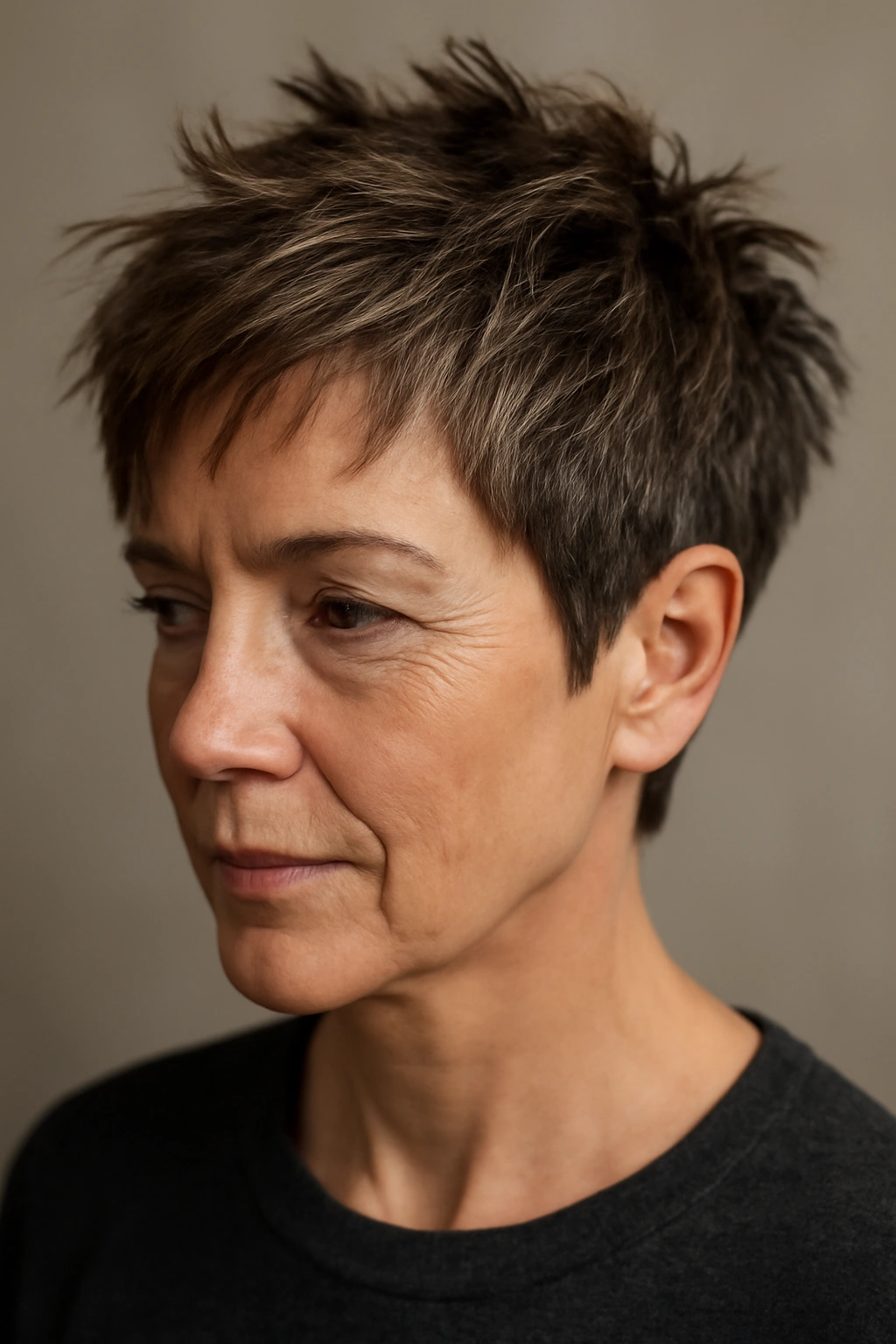 Textured crop pixie with jagged layers in studio portrait