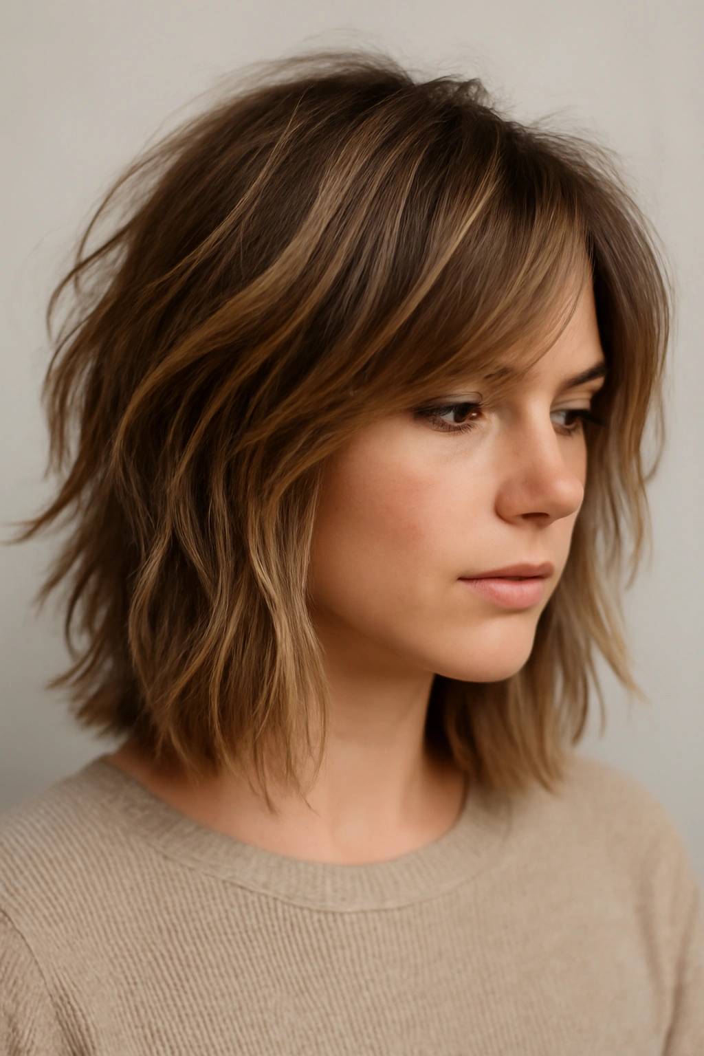 Shoulder-length hair with textured, piecey layers and undone finish