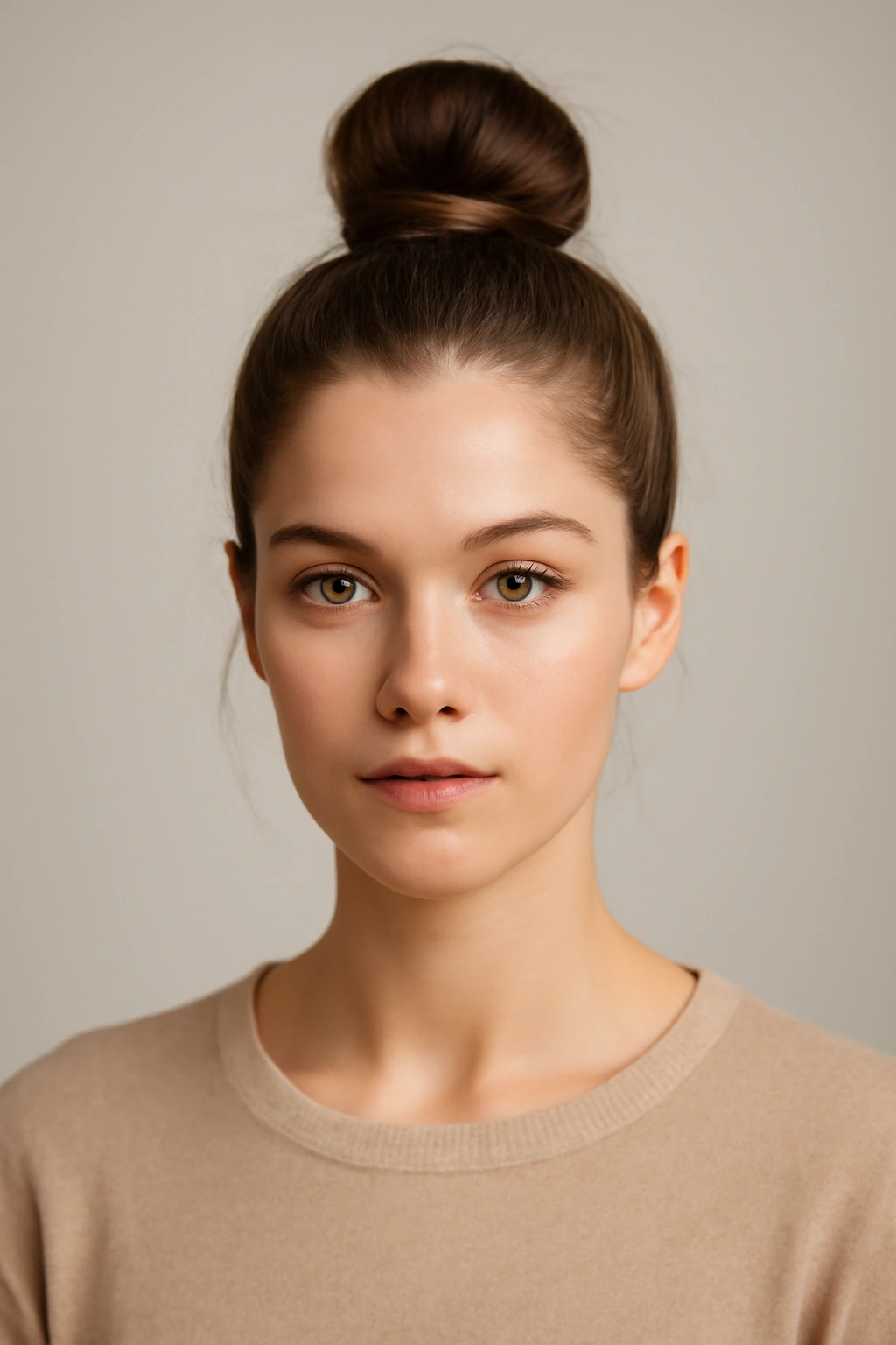 Sleek top knot bun positioned high on the head for a chic look.