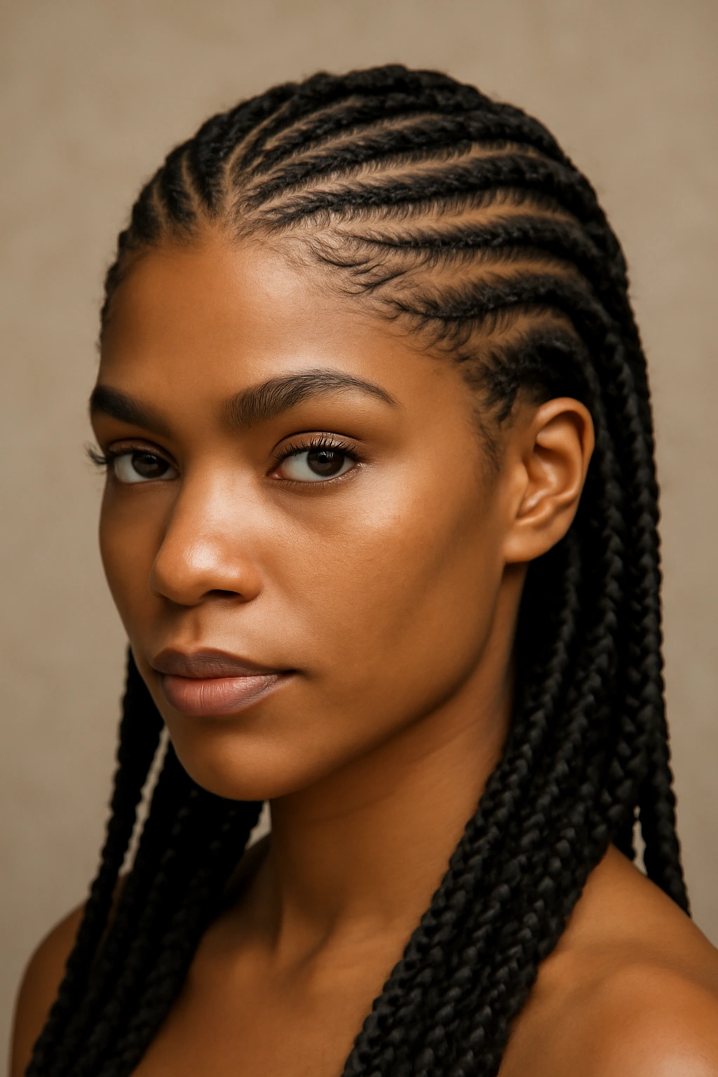 Headshot showing intricate tribal cornrow patterns on the scalp.