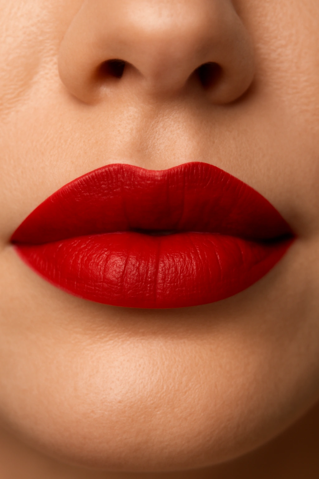 Close-up of lips wearing true red lipstick with a classic Hollywood shade, photorealistic.
