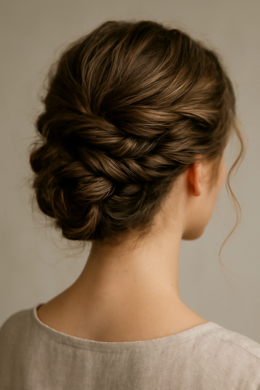 Close-up of a twisted updo with textured twists and soft volume at the crown