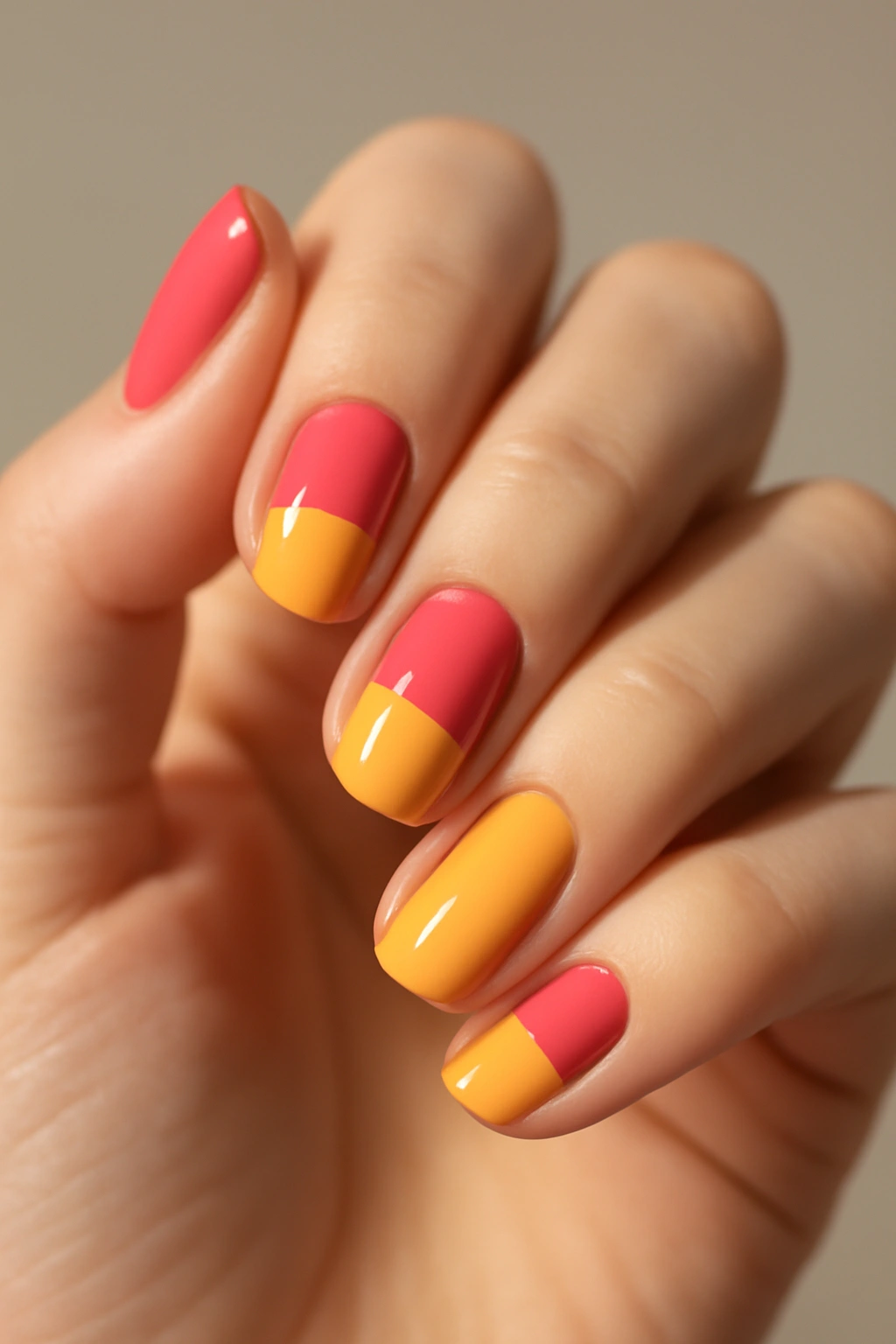Two-tone color-block nails in pink and yellow.