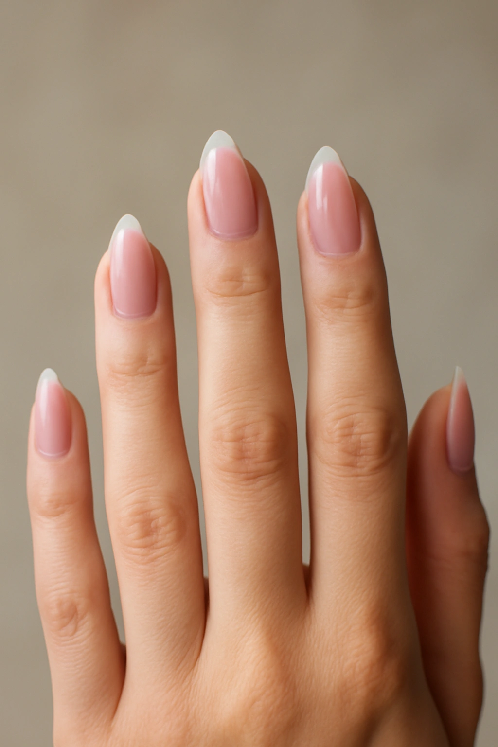Hand with clear pink almond nails on a neutral background