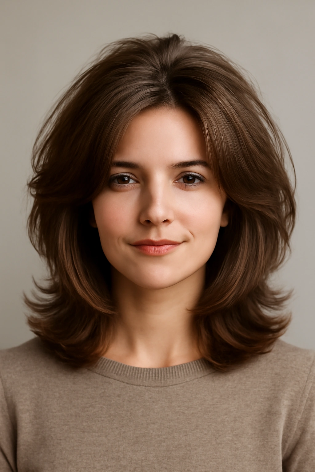 Voluminous layered hairstyle with crown volume on shoulder-length hair