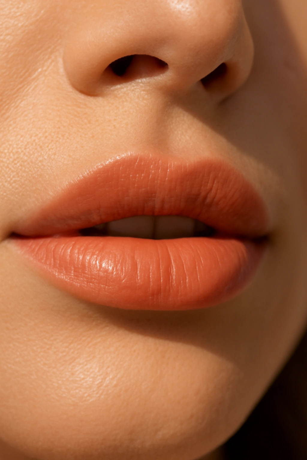 Close-up of lips wearing warm peach lipstick on warm-toned skin