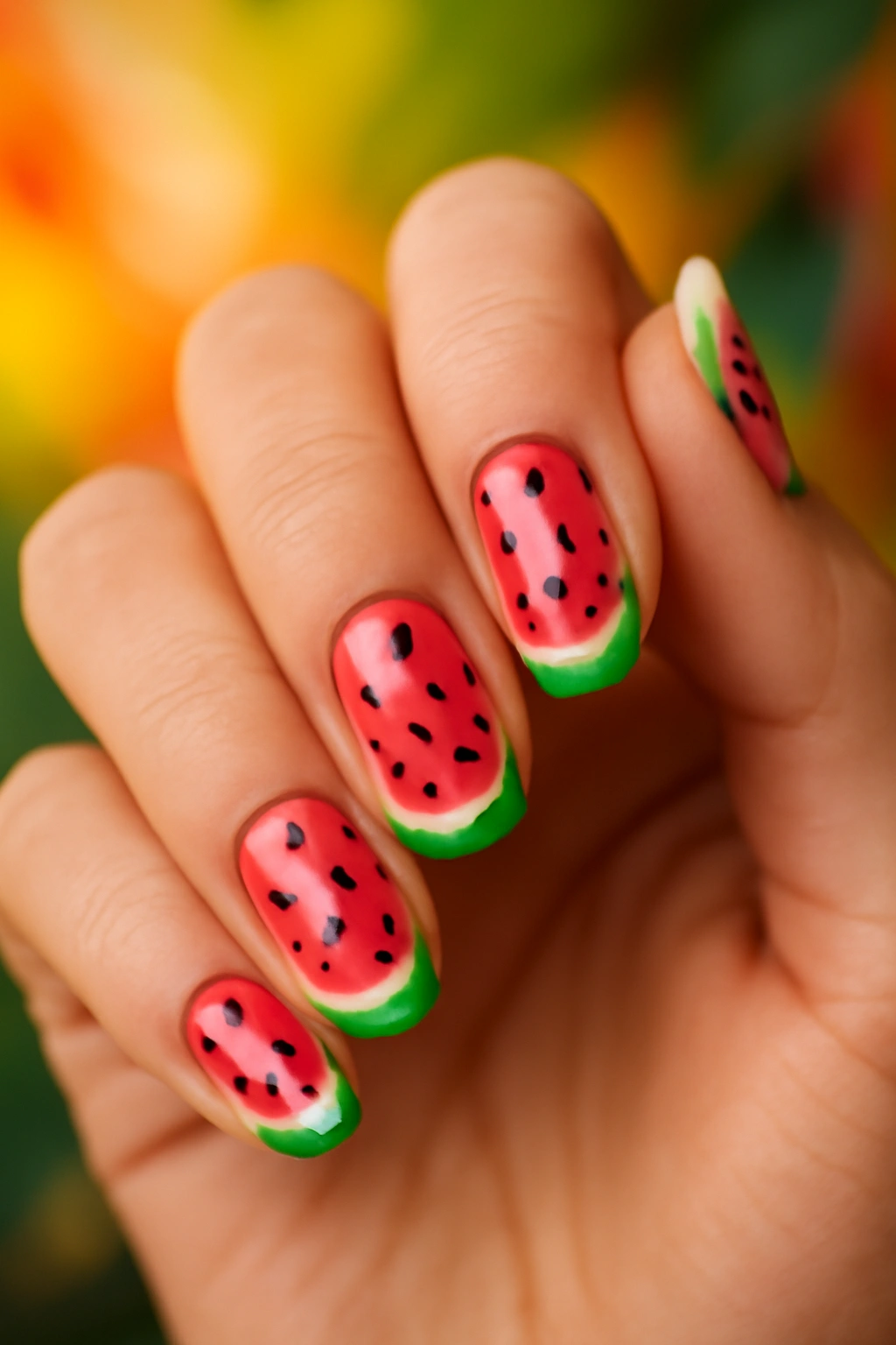 Watermelon-inspired nail art with pink nails, green rind, and black seeds